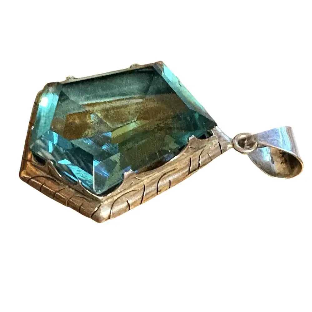 Taxco Sterling Siver & Blue Pendant Marked TS-7B Large Geometric Vintage Mexico
